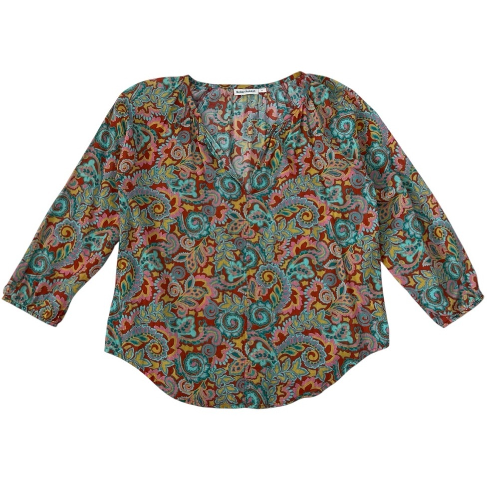 Roller Rabbit Multicolor‎ Floral Paisley Cotton Long Sleeve Popover Blouse SZ M